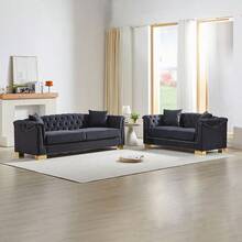 Chesterfield Velvet 3 Seater Sofa & 2 Seater Sofa Set, Moderm Sofa Couch Set With Rolled Arms And Button Tufted Back, Luxury Upholstered Living Room Furniture, Classic Modern Couch For Apartment Home Office, Deep Seat Sofa With Spring Cushions, Solid Wood Frame - 黑色 - 查看 1