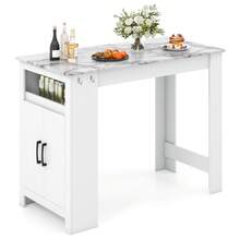 COSTWAY Bar Table, Faux Marble Pub Table With 7 Hanging Hooks, Compartment, Cabinet & Adjustable Shelf, 100cm Long Counter Height Table, Rectangular Dining Table For Living Room & Kitchen, White - White - View 1