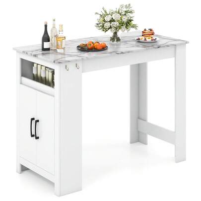  COSTWAY Bar Table, Faux Marble Pub Table With 7 Hanging Hooks, Compartment, Cabinet & Adjustable Shelf, 100cm Long Counter Height Table, Rectangular Dining Table For Living Room & Kitchen, White