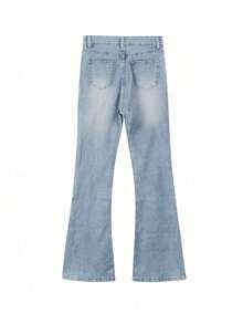 弹力修身蓝色牛仔喇叭裤，休闲街头风，百搭设计，春夏款 - 淺色水洗藍 - 查看 5