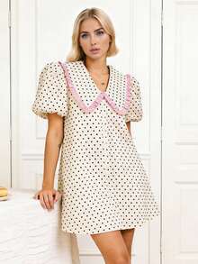 Women's Baby Doll Mini Dress Summer Floral Print Loose Bubble Short Sleeve Collared Dress - 杏色 - 查看 2