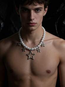 1 pieza Collar de múltiples capas con colgante de estrella de metal con perla falsa plateada hecho a mano para hombre - Plateado - Ver 13