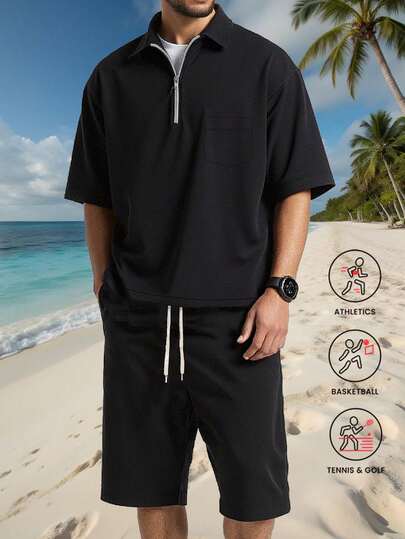 Men's Outdoor Set, Basic Half-Zip Short Sleeve T-Shirt And Drawstring Shorts, Suitable For Outdoor Sports, Running, Fitness, Etc.