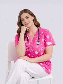 cimmuovere Plus Size Women's V-Neck Loose Short Sleeve Cute Heart Print Dual Pocket Scrubs Nurse Scrubs Workwear Dentist Healthcare Pet Hospital Laboratory Top Pink Spring - Pink - View 6