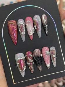 10片哥特朋克风美甲贴片，手工制作，优雅女士杏仁形美甲贴片，美甲艺术，情人节礼物，适合女孩和女士在派对和日常佩戴的美甲用品 - 彩色 - 查看 10