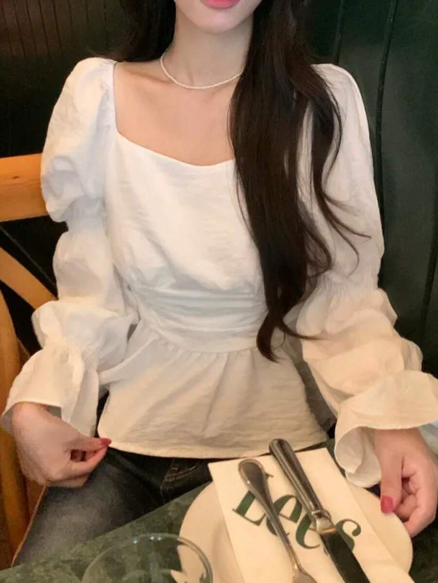 法式方领长喇叭袖短款收腰衬衫上衣 - 白色 - 查看 1