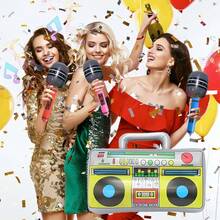 7pcs PVC Inflatable Party Props, Radio Stage Inflatable Instrument, 6 Different Color Mini Microphones + 1 Mini Radio, Reusable Inflatable Props For Singing Music Party Decoration - Multicolor - View 4