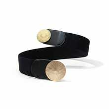 Women's Wide Elastic Belt With Double Gold Buckle - Elegant Fashion For Dresses And Blazers - 黑色 - 查看 3