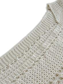 Women's Casual Elegant Versatile Streetwear Commute Vacation Picnic V-Neck Short Sleeve Hollow Drawstring Bow Tie Waist Cropped Sweater In Beige - Beige - View 11