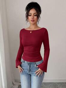 Women's Spring Fall Long Sleeve Shirts Crop Going Out Tops Casual Boat Neck Bell Sleeve Ribbed Ruched Y2K Clothes - Burgundy - View 7
