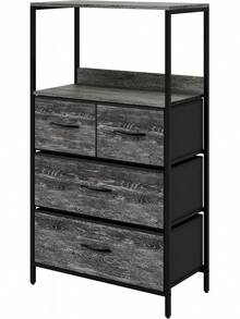 MU:4LIFE Cómoda de 4 Cajones con Balda Estante de Almacenamiento para Hogar Y Oficina, Organizador Cajonera De Estructura Metal y Cajones De Tela Lino Poliéster y Tela No Tejida (Oak Negro) - Roble Negro - Ver 2