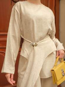 2pcs Women's Spring Casual Outfit - Loose Asymmetrical Hem Long Sleeve Top In Light Khaki And Straight Leg Pants, Suitable For Commuting And Casual Outings - Light Khaki - View 6