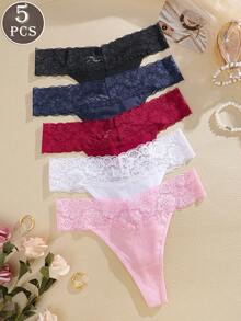 6pcs/Set Women's Lace Patchwork Low Waist High Cut Thin Sexy Thong Panties - Multicolor - View 1
