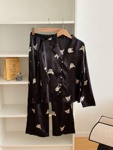 Nina Bonheur 2pcs Women Loose Button Dog Print Long Sleeve Cardigan + Elastic Waist Pants Pajama Set - Black - View 4