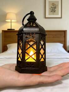 1pc Mini Portable Hanging Hexagon Wind Light Lantern (With Battery), Retro European Style Lantern Candle Holder With Fake Candle LED Light, Suitable For Eid, Halloween, Christmas, Thanksgiving, Indoor/Outdoor Decor For Living Room, Office, Bedroom, Dining Room, Bar, Garden, Patio, Walkway, Family Gathering, Birthday Party, Wedding Party (Black/White) - Multicolor - View 5