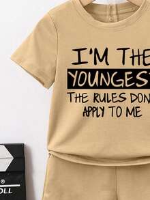 Young Boy Letter Print Round Neck Short Sleeve T-Shirt And Shorts Set - Khaki - View 4