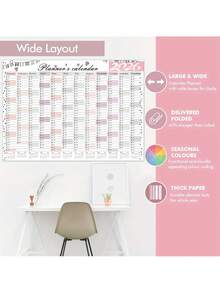 2026年挂历计划本 - 2026年全年日历视图，展开尺寸：29.2 x 20.7英寸/74.2 x 52.5厘米，2026年挂历计划本，家庭管理，学习用品，时尚计划本，简约设计，耐用纸张，书写流畅，月度计划，规划工具，家居收纳，办公用品 - 多色 - 查看 7