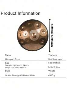 22 Zoll Handpan Trommel Gold | 9/10/12 Noten 432Hz Stahlperkussionsinstrument | Mystischer Klang für Anfänger & Profis - Gold - Übersicht 7