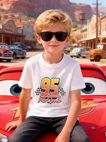 Disney Boys' T-Shirt Featuring A Creative Cartoon Print Of Lightning McQueen From Cars. Made From Soft, Comfortable, And Breathable Fabric, It's Perfect For Everyday Wear, Outings, And Activities-Making It An Ideal Gift For Kids. - 白色 - 查看 2