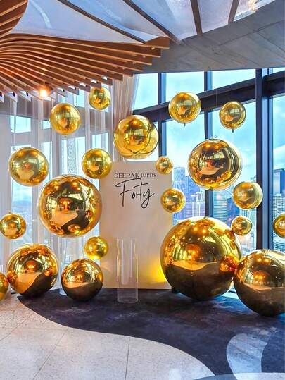 5pcs Golden 4D Round Foil Balloons For New Year, Birthday, Wedding, And Valentine's Day Decorative Hanging Balloons