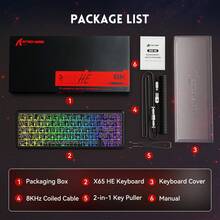 ATTACK SHARK X65 HE 有线快速触发磁力开关 65% 机械游戏键盘，霍尔效应顶部 RGB 热插拔灯效，可调节触发键程，8kHz 轮询率，PBT 键帽，适用于 Windows/PC 系统 - 彩色 - 查看 1