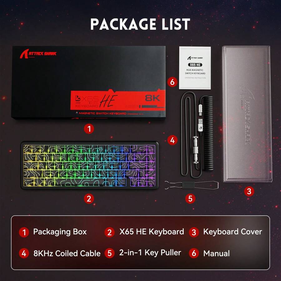 ATTACK SHARK X65 HE 有线快速触发磁力开关 65% 机械游戏键盘，霍尔效应顶部 RGB 热插拔灯效，可调节触发键程，8kHz 轮询率，PBT 键帽，适用于 Windows/PC 系统 - 彩色 - 查看 1