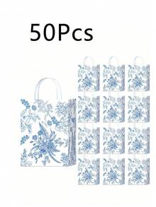 3/5/10/20/50 chiếc Túi quà tặng họa tiết hoa màu xanh dương và trắng trang nhã có quai xách, thiết kế kiểu Trung Quốc với họa tiết hoa thêu, thích hợp cho đám cưới, tiệc sinh nhật. - Nhiều màu - Xem 11