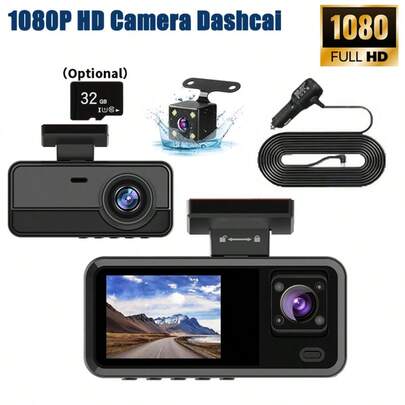 Cámara de salpicadero HD 1080P, compatible con grabación frontal/trasera/interior del vehículo, tarjeta de almacenamiento opcional de 32GB, con características de visión nocturna infrarroja, grabación en bucle, ángulo de visión amplio DVR, pantalla IPS de 2.0", grabadora de video multifuncional para automóvil
