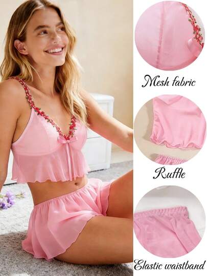 2-delat V-ringat underklädesset med hallondekorerad rosett, chiffongkjol, eteriskt sött romantiskt set med bygelfri BH och trosor