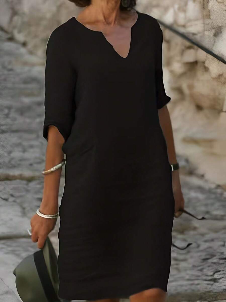 女士休闲优雅黑色直筒中长连衣裙，V领，半袖，及膝长度，带口袋 - 黑色 - 查看 1