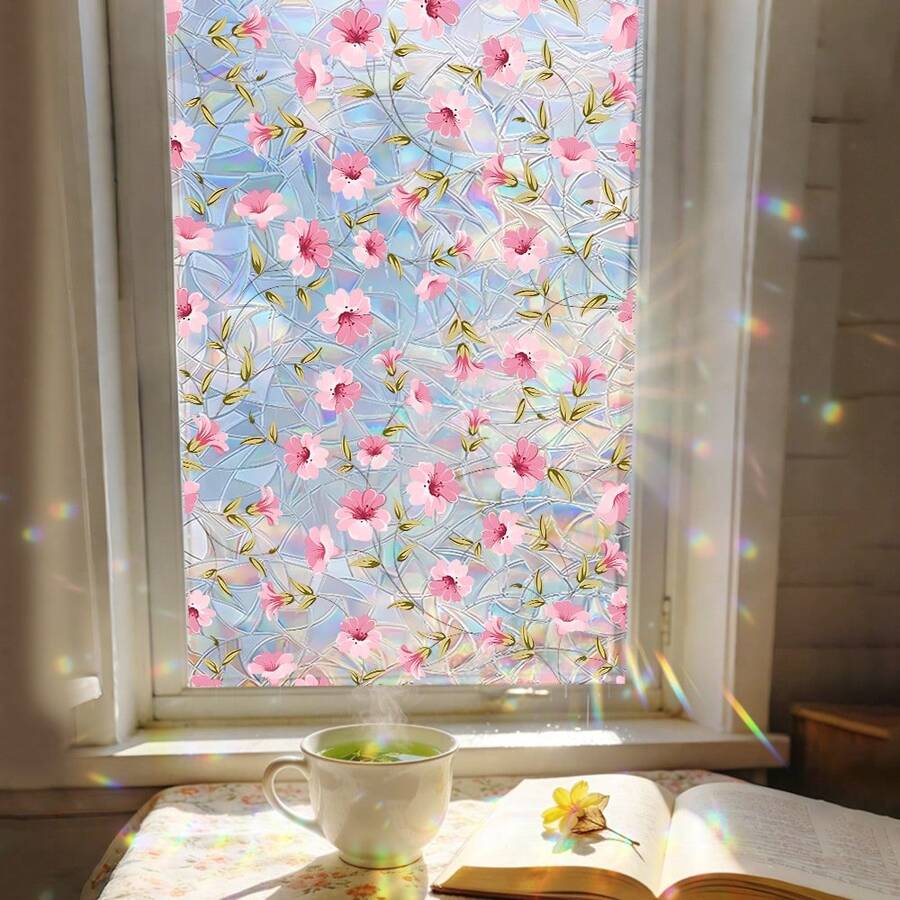 1/3 piezas Película de privacidad de ventana con efecto de vidrio de mariposa 3D y flor, efecto estático, colorido, bloqueo UV, decorativo para dormitorio, baño, hogar - Multicolor - Ver 1