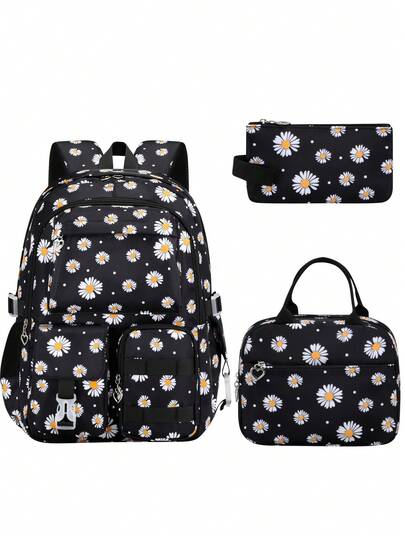 1 Set Daisy Floral Print Backpack Set: Lunch Bag + Pencil Case + 15.3" Laptop Bag, Dual Zipper Closure, Multi-Pocket Design, Luggage Strap, Suitable For Students, Christmas Gift