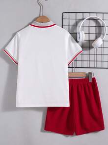 Set de 2 piezas de top de manga corta con cuello de botones y pantalones cortos de unicolor casual para niños, primavera/verano - Rojo - Ver 3