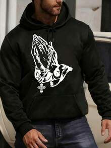 Oversized Hoodies With Praying Hands And Rosary Cross Graphic For Men, Winter Clothes For Boys, Loose Fit, Long Sleeve, Sweatshirt With Pocket, Black And White Options, Winter Fashion, Sweatshirts, Suitable For Parties, Outdoor Leisure Activities, Gift For Men, Perfect Holiday Gift, Size S-3XL - 黑色 - 查看 12
