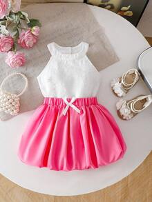 Baby Girls' Fashion Versatile Sweet Princess Cute Outgoing School Vacation Party White Bow Jacquard Embroidery Halter Neck Camisole Top And Pink White Butterfly Accent Floral Skirt 2 Piece Set, Summer - Pink - View 4