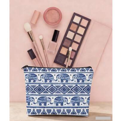 Bohemian Style Striped + Blue Elephant, Retro Cartoon Pattern Cosmetic Bag, Bring Good Luck And Blessings Storage Pouch, Suitable For Storing Small Items For Worship And Prayer, Portable Foldable Zipper Bag For Traveling, Camping, Unique Gift For Lover, Mother, Grandmother, Nurse And Teacher