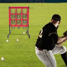 Muti-Functional Small Ball Game Net Modern Style Red Training Net With Stand Height Adjustable Baseball Practice Square Net With Support Stand & Casters Free Standing Golf Training Mesh - Red - View 3