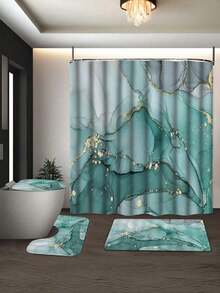 1/4 Piezas Juego de baño con patrón de mármol azul y verde, Cortina de ducha impermeable con 12 ganchos, Alfombra en forma de U, Tapa de inodoro, Alfombra en forma de L, Accesorios de baño, Decoración de baño con estilo - Multicolor - Ver 5
