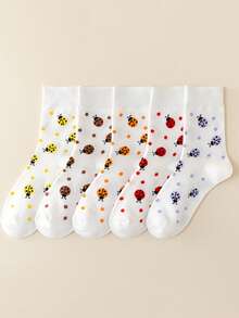 5 paia di calze a mezza gamba da donna - motivi carini a pois e a forma di insetti e scarabei - leggere e confortevoli, versatili per primavera ed estate - Multicolore - Visualizzare 3