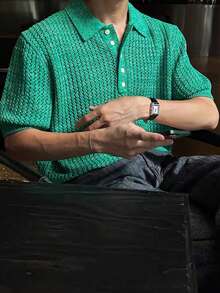 Áo len nam tay ngắn cổ polo khoét lỗ màu trơn, kiểu dáng thường ngày, đa năng, thích hợp cho mùa xuân/hè. - màu xanh lá - Xem 5