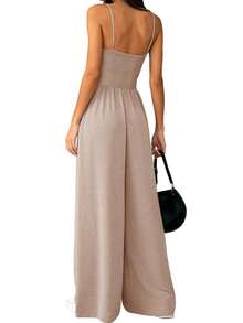 Women Stylish Jumpsuit Elegant Sleeveless Solid Romper Summer Wide Leg Pants With Pockets Enterizos De Mujer Elegantes - 卡其色 - 查看 5