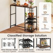 COSTWAY 121cm Long Bar Table, Bar Height Dining Table With Storage Shelves, Wine Racks & Stemware Holders, Industrial Breakfast Table For Kitchen Living Room Behind Couch, Rustic Brown - Brown - View 3