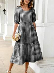 Womens Boho Plaid A-Line Midi Dress Ladies Pleated Loose Holiday Beach Sundress - màu đen - Xem 1