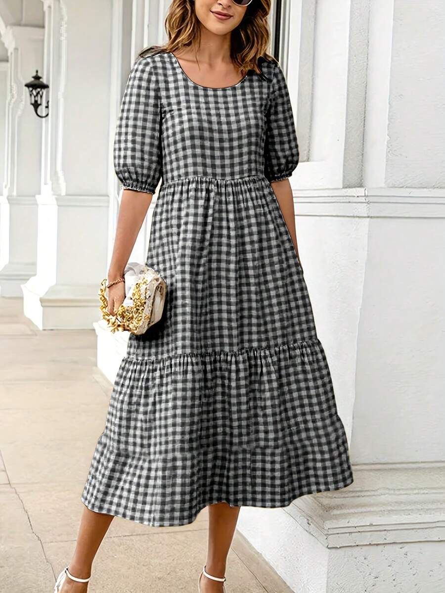 Womens Boho Plaid A-Line Midi Dress Ladies Pleated Loose Holiday Beach Sundress - màu đen - Xem 1