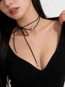 Dây chuyền choker hình nơ cầu kiểu Hàn Quốc mới năm 2026 dành cho nữ, thiết kế tối giản sang trọng. - hạt tròn - Xem 5