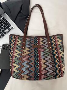 1个咖啡棕色手提包，全新设计，金属配件装饰，复古撞色，大容量女士单肩包 - 咖啡棕 - 查看 4