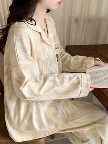 2pcs Women Pajama Set, Spring/Autumn/Winter V-Neck Cardigan Sleepwear, Asymmetrical Print Top With Pocket, Asymmetrical Print 3/4 Pants, Vintage Chic Matching Set - Apricot - View 9