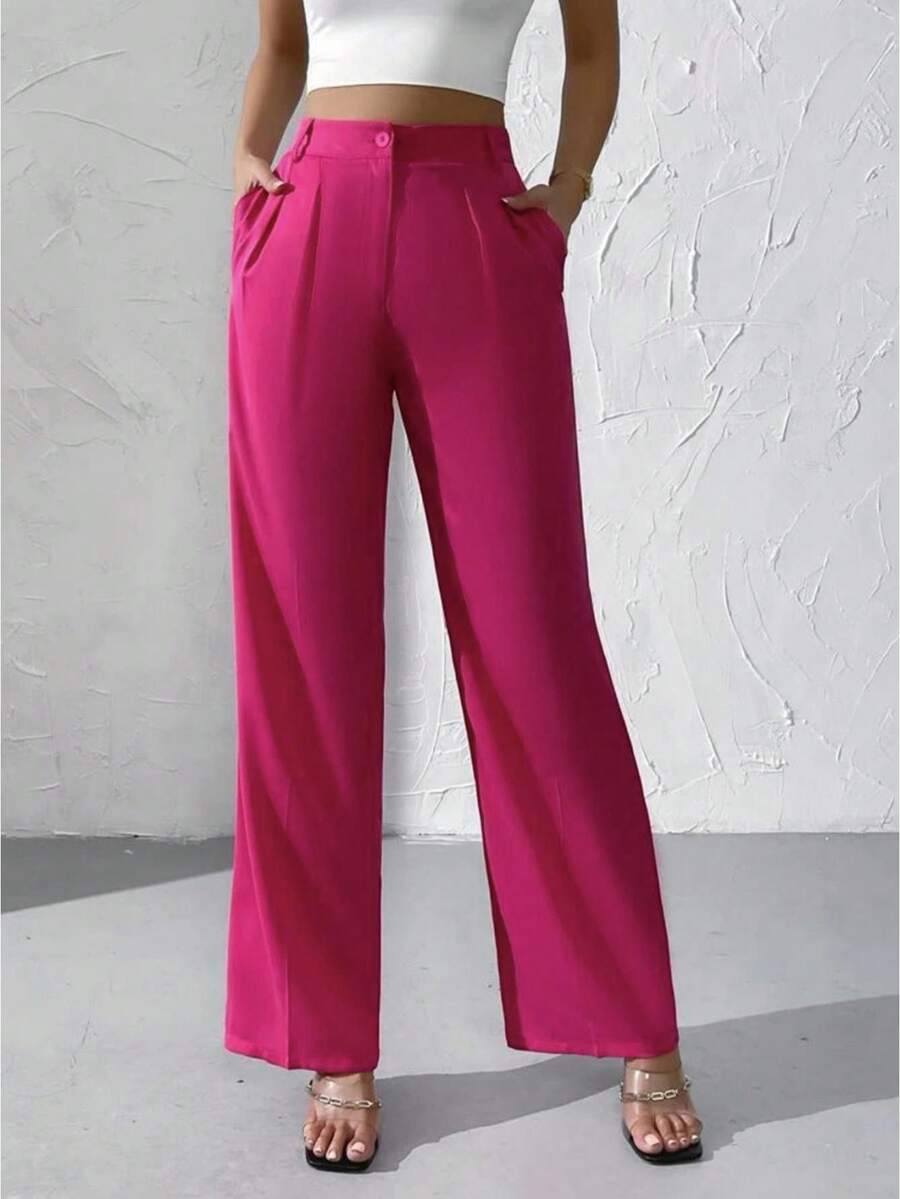 Women Dress Pants Solid Color High Rise Wide Leg Suit Pants With Pockets Long Trousers For Daily Office Party - Hot Pink - View 1