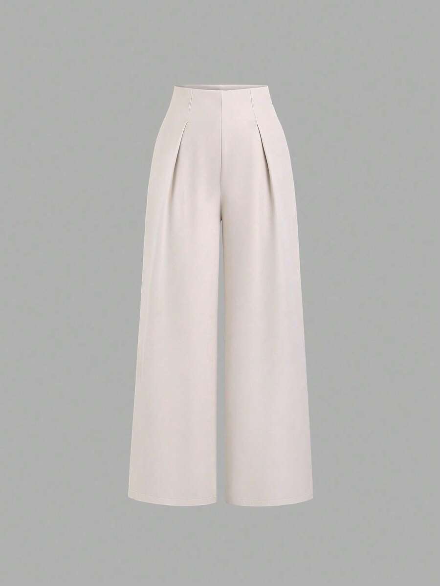 Women's Elegant Casual Loose Fit Solid Color Wide Leg Pants With Pleats And High Waist - Màu be - Xem 1