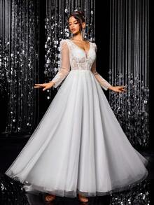 Solid Color Sequin Patchwork Mesh Splice V-Neck Long Sleeve Wedding Dress - White - View 1
